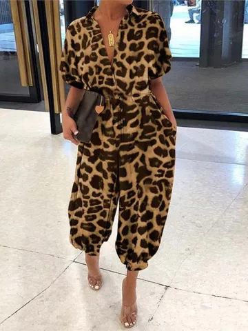 Mono con cuello en V y botones para mujer, peto holgado de manga corta con Bolsillos y estampado de leopardo, moda de verano