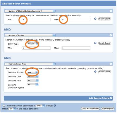 Example 3: Find entries containing only protein homotetramers.