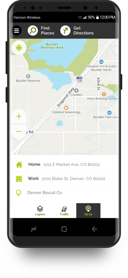 MapQuest displays favorite locations list and their address details