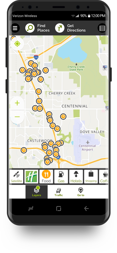 MapQuest applied food layer, showing marked locations on the map of restaurants, cafes and other food interests