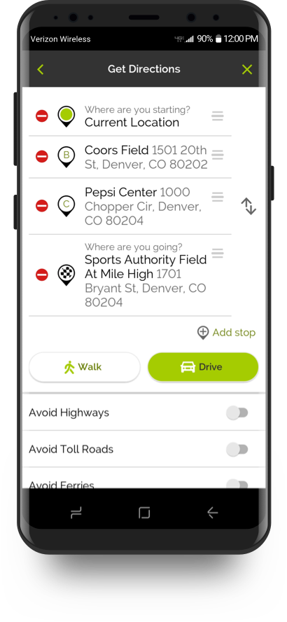 MapQuest adding and re-ordering multiple custom stops, then choose between walking or driving along these stops