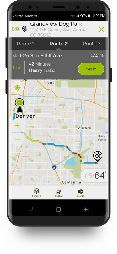 MapQuest displays multiple alternate routes to choose from to see it overlayed on the map, and a button to start navigating right away