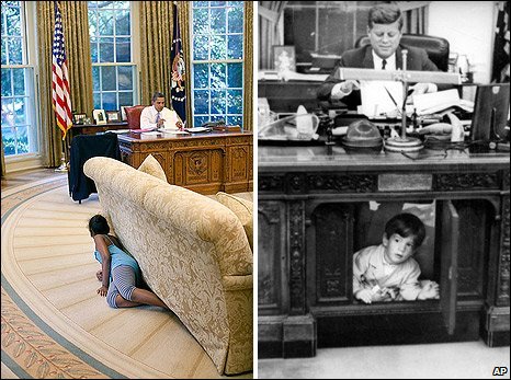 US President Barack Obama and Sasha Obama (L) and US President John F Kennedy with John F Kennedy Jnr (1 August 1963)