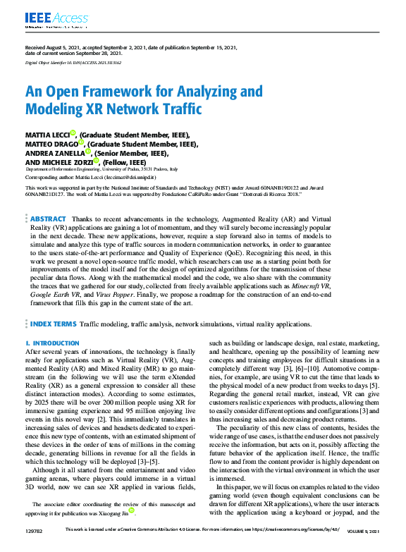 First page of “An Open Framework for Analyzing and Modeling XR Network Traffic”