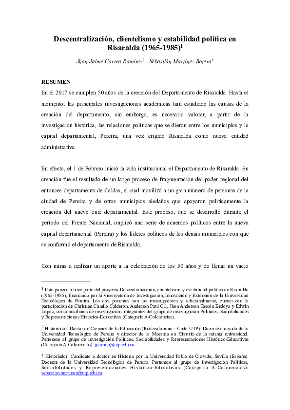 First page of “Descentralización, clientelismo y estabilidad política en Risaralda (1965-1985)”