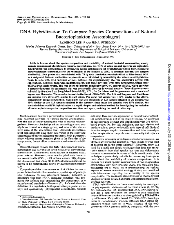 First page of “DNA hybridization to compare species compositions of natural bacterioplankton assemblages”