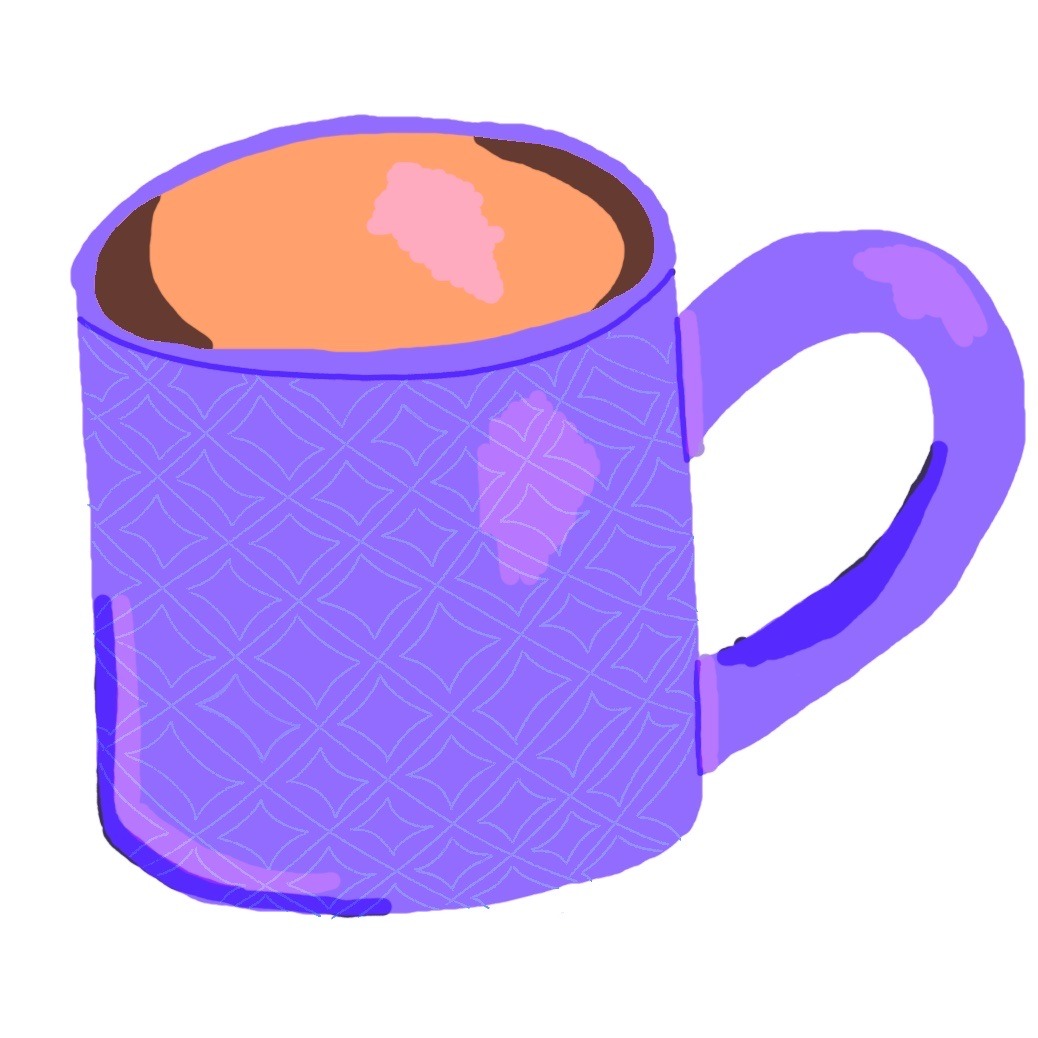 A digital drawing of a purple coffee mug with a diamond pattern design on it.