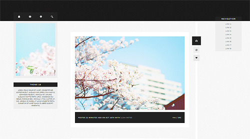 “ yeoli:
”
Theme 19
Features:
• 250px, 400px 0r 500px posts
• sidebar image ( width:180px )
• either with search bar or flash music player
• 8 custom links
• like posts
• optional header ( height:120px )
• optional infinite scroll / captions /...