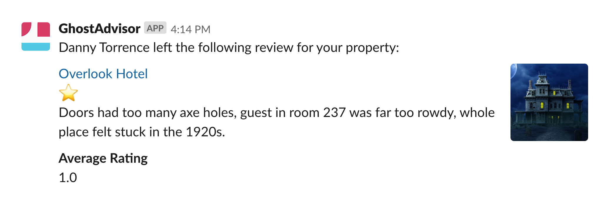 Message with blocks showing a review of a hotel with 1 stars given