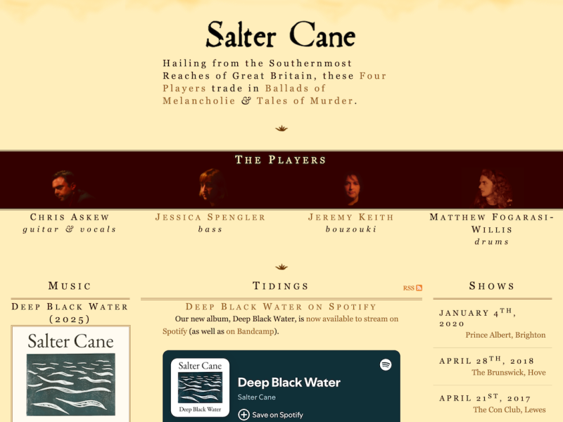 A screenshot of the old version of the Salter Cane website with a vintage colour palette.