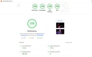 A screenshot of Lighthouse results showing 100 for all the scores along with core web vitals for mobile: 1 second for first contentful paint, 1.4 seconds for largest contentful paint, 30 milliseconds for total blocking time and zero seconds for cumulative layout shift.