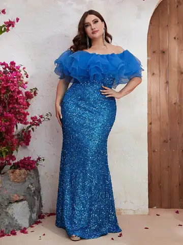 Plus Size Women Wedding Party Dresses Fashion Strapless Mesh Splicing Elegant Sequins Summer Dress Large Lady Evening Dresses