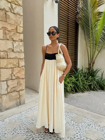 Moda kontrast renk Hollow Out Sling Maxi elbise kadınlar seksi kolsuz Backless gevşek elbiseler 2024 Lady Casual Streetwear