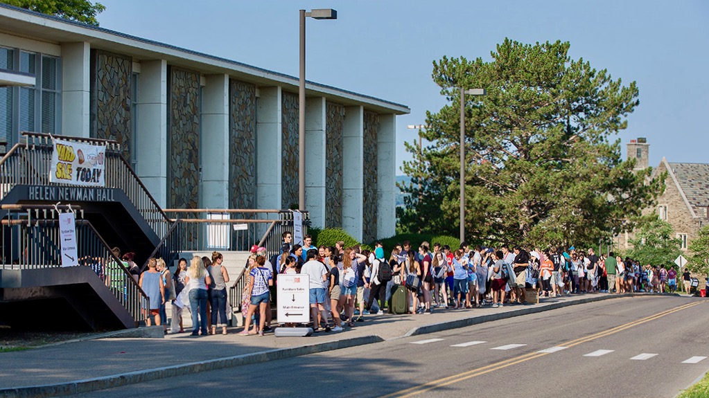 The line for the Dump and Run sale stretches outside Helen Newman Hall in 2016