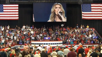 Celine Dion Plays on Screen at Trump Rally in Boseman, Montana as MAGA rallygoers sway to music.