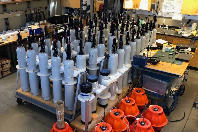 Racks of Argo floats being prepared at Scripps Institution of Oceanography.