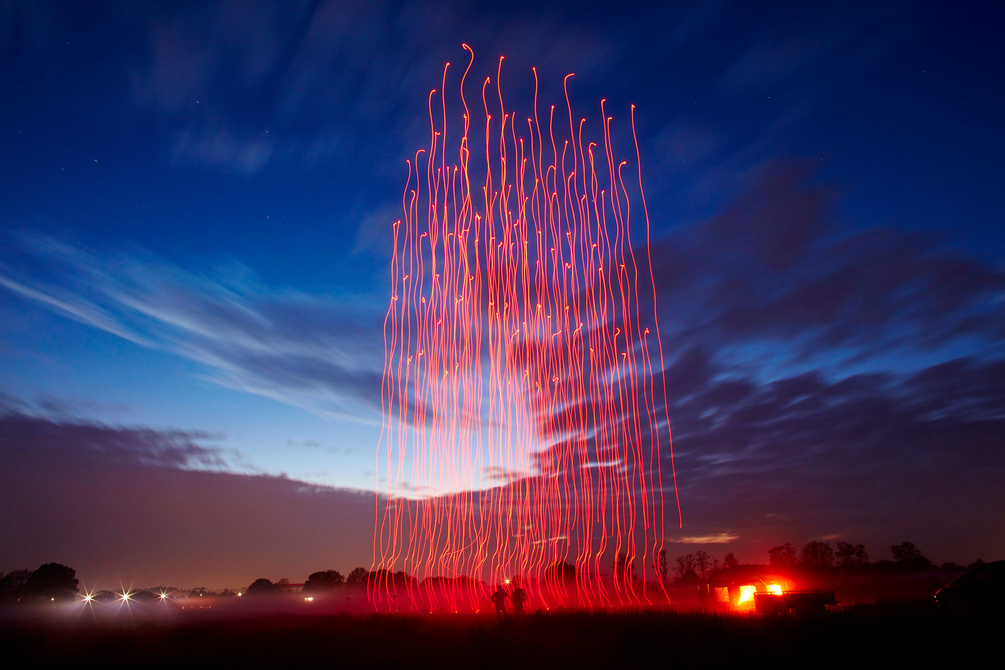 Long exposure of Spaxel drones taking to the sky