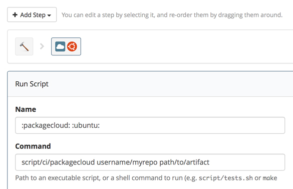 Buildkite user interface showing a step with a Packagecloud upload command