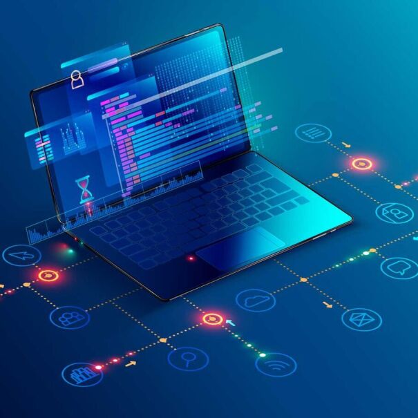 A graphic of a laptop surrounded by grids and icons 