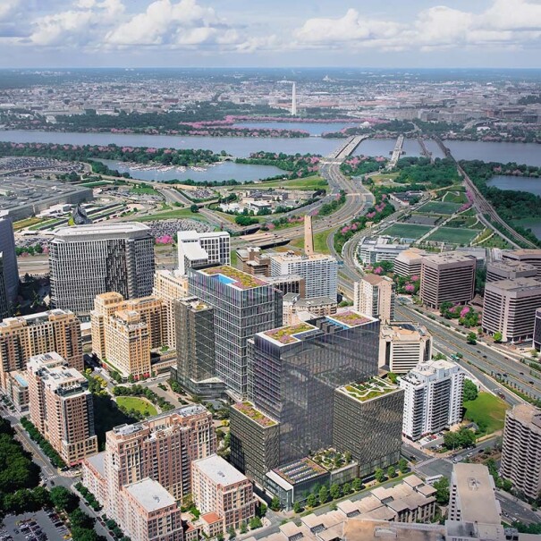 A rendering of the aerial view from above Met Park at Amazon's second headquarters.