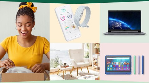 Smiling woman opening box,  fitness tracker, a laptop, stylish living room interior, kids' tablet