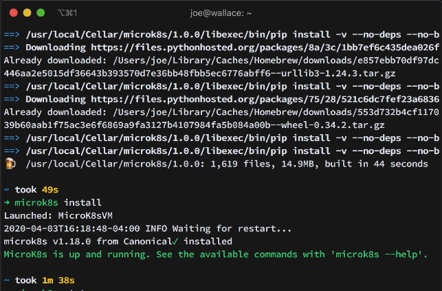 macOS terminal installing MicroK8s