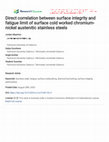 Research paper thumbnail of Direct correlation between surface integrity and fatigue limit of surface cold worked chromium-nickel austenitic stainless steels