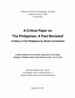 Research paper thumbnail of A Critical Paper on 'The Philippines: A Past Revisited' by Renato Constantino (Written by Madelyne Gauna)