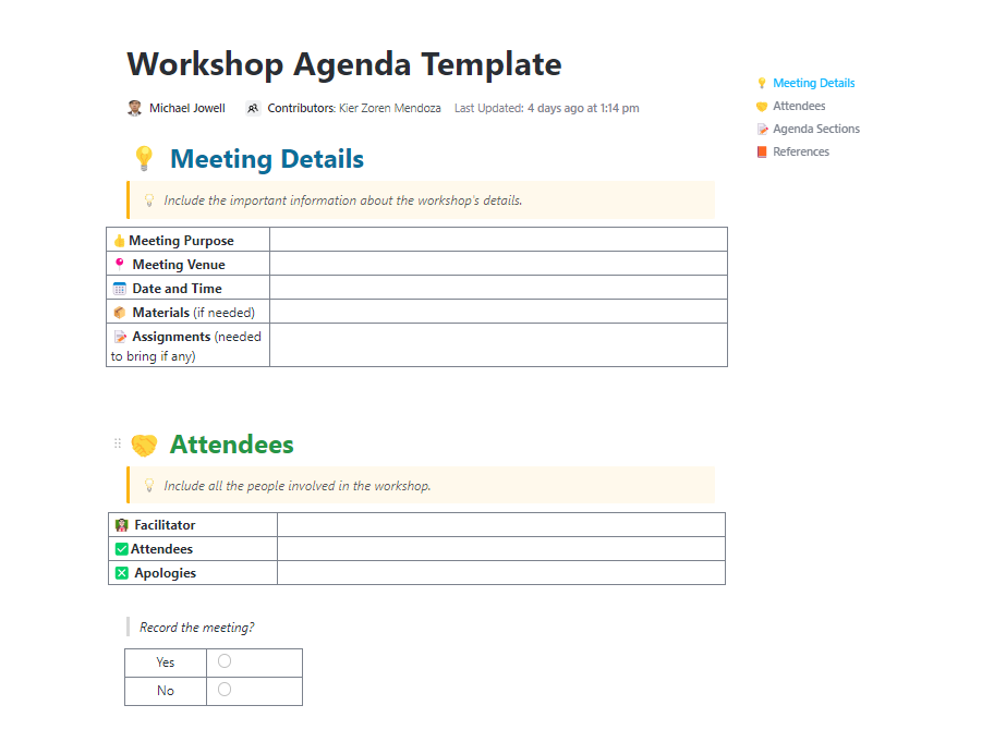 Workshop Agenda Template by ClickUp™