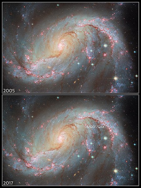 Before and after of galaxy with supernova