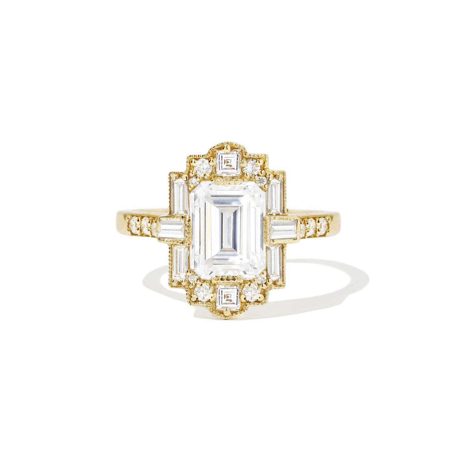 Deco Emerald Cut Moissanite Diamond Mosaic Ring