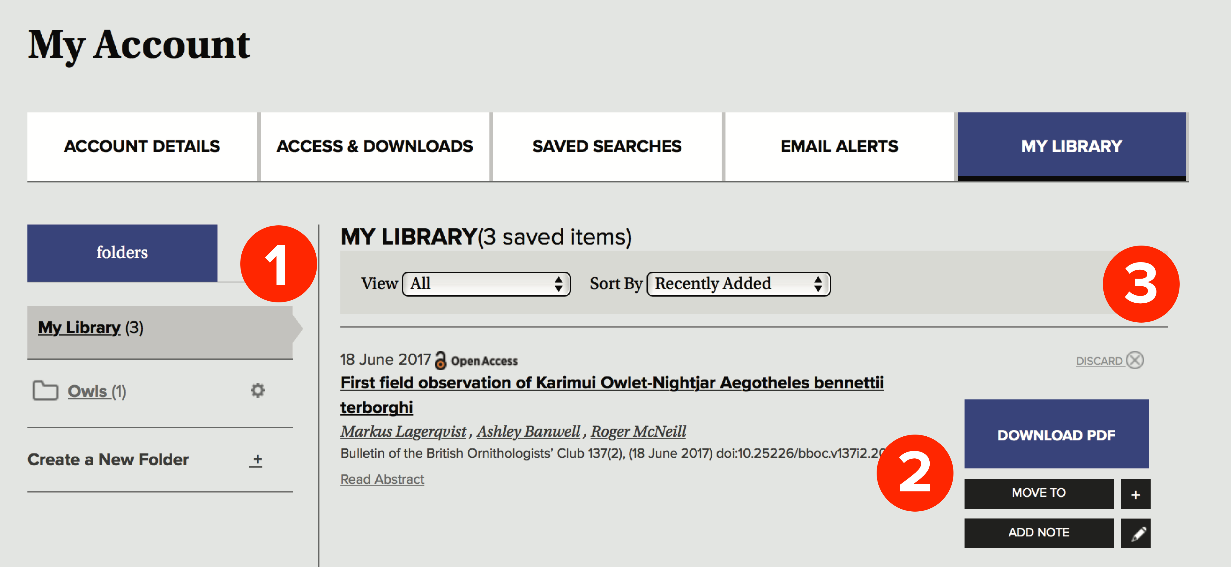A numbered screenshot of My Library. #1 identifies the Folders menus and submenus. #2 identifies the Discard, Download PDF, Move To, and Add Note options. #3 identifies the Sort By options.