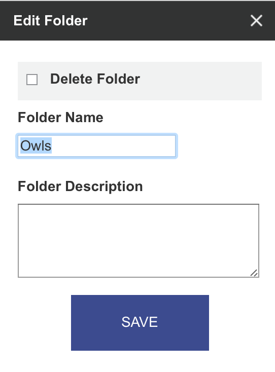 A screenshot of the folder editing pop-up, with options to name, describe, and delete a folder.