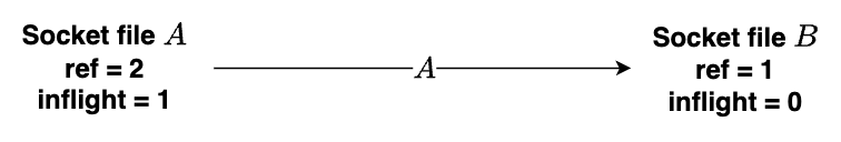When the file descriptor A sends itself to the file descriptor B, the reference count of the file descriptor A is 2 and the inflight count is 1. For the receiver file descriptor B, the file reference count is 1 and the inflight count is 0. When the file descriptor A sends itself to the file descriptor B, the reference count of the file descriptor A is 2 and the inflight count is 1. For the receiver file descriptor B, the file reference count is 1 and the inflight count is 0.