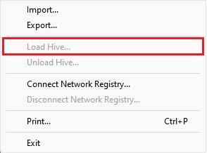 Image of Registry Editor menu in Windows with "Load Hive..." option highlighted Image of Registry Editor menu in Windows with "Load Hive..." option highlighted