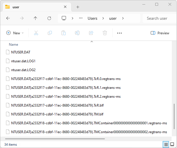 A screenshot of a Windows File Explorer window displaying the contents of the 'user' folder. The folder contains various files related to user settings and data, including NTUSER.DAT, transaction logs, and temporary files A screenshot of a Windows File Explorer window displaying the contents of the 'user' folder. The folder contains various files related to user settings and data, including NTUSER.DAT, transaction logs, and temporary files