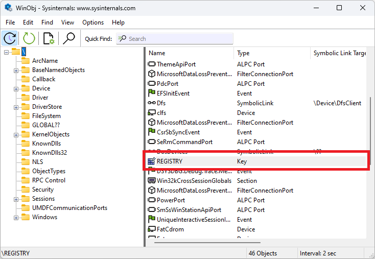 A screenshot of the WinObj utility from Sysinternals, displaying a list of system objects in Windows. The 'REGISTRY' object is highlighted. A screenshot of the WinObj utility from Sysinternals, displaying a list of system objects in Windows. The 'REGISTRY' object is highlighted.