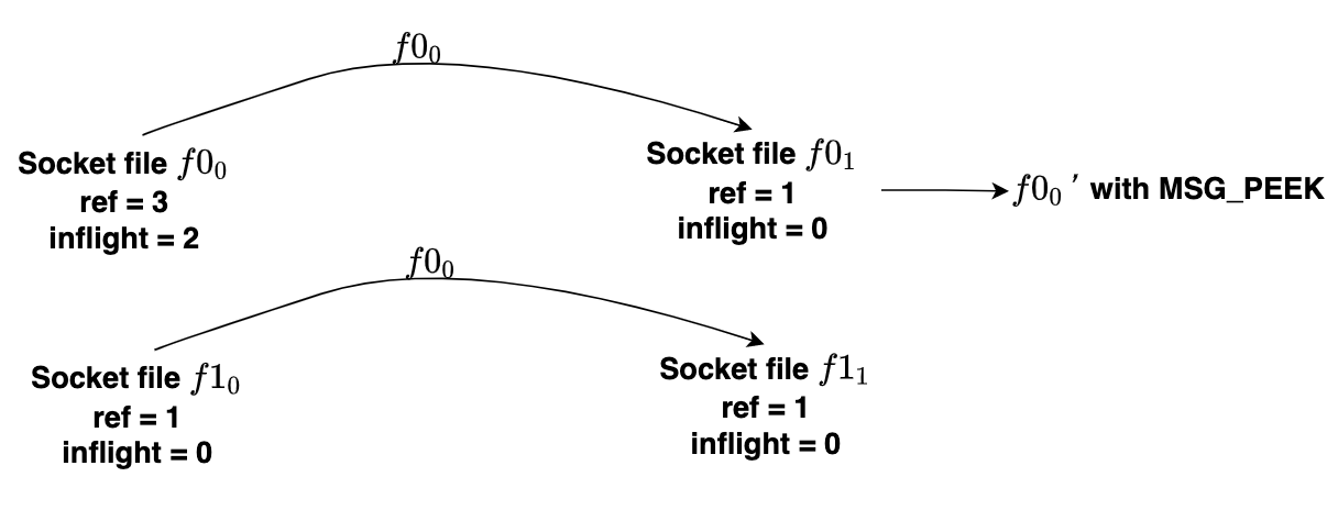 After f01 receives the socket file descriptor by MSG_PEEK, the reference count of f00 is incremented and the receive queue from f01 remains the same. After f01 receives the socket file descriptor by MSG_PEEK, the reference count of f00 is incremented and the receive queue from f01 remains the same.