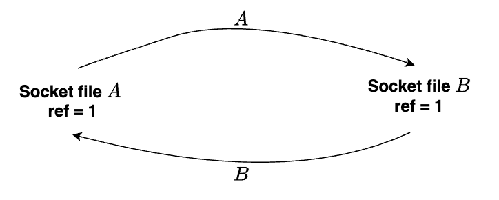 Socket A and B form a reference count cycle. Socket A and B form a reference count cycle.