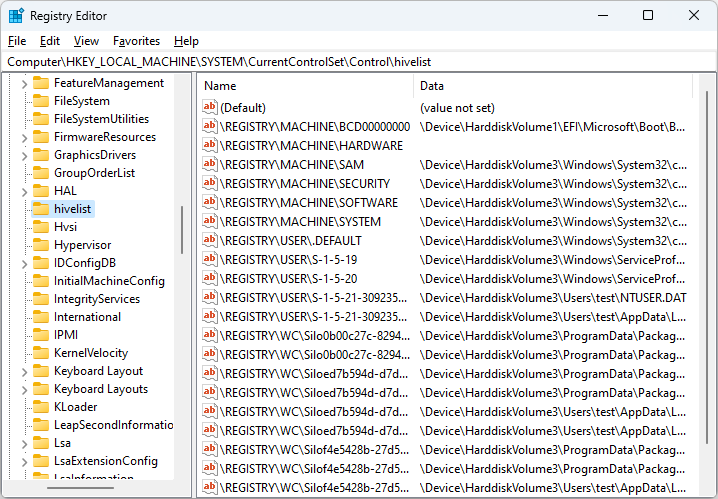 Image of Windows Registry Editor showing the 'hivelist' key, which lists registry hives and their file paths Image of Windows Registry Editor showing the 'hivelist' key, which lists registry hives and their file paths