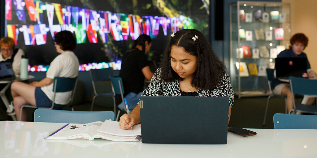 A student studies in the Hamilton Lugar School of Global and International Studies building. An image of flags is in the background.