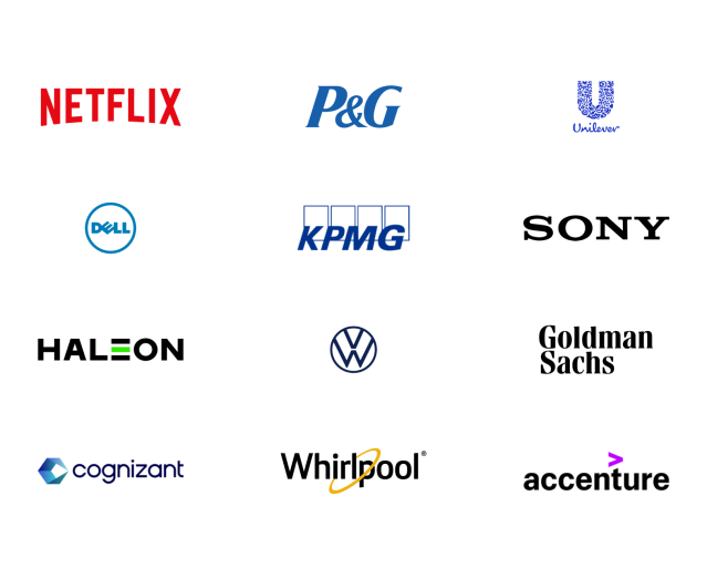 Partners include Netflix, Proctor & Gamble, Unilever, Dell, KPMG, Sony, Haleon, VW, Goldman Sachs, Cognizant, Whirlpool, and Accenture