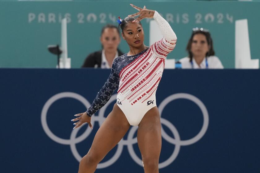 American Jordan Chiles performs on the floor during the women's gymnastics team finals 