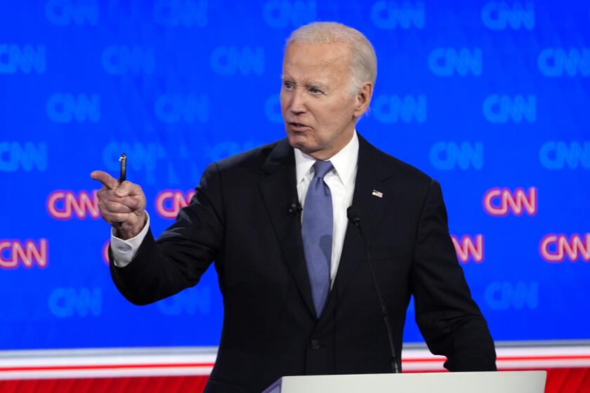 President Joe Biden speaks during a presidential debate with Republican presidential candidate former President Donald Trump, Thursday, June 27, 2024, in Atlanta. (AP Photo/Gerald Herbert)