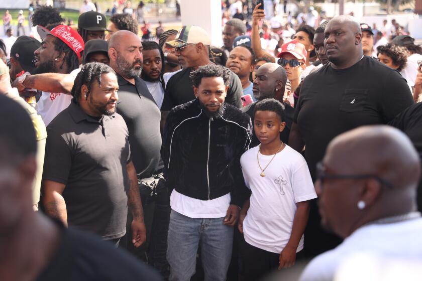 Watts, CA - June 22: Kendrick Lamar prepares to perform during the music video shoot for "Not Like Us" at Compton Courthouse on Saturday, June 22, 2024 in Compton, CA. (Michael Blackshire / Los Angeles Times)