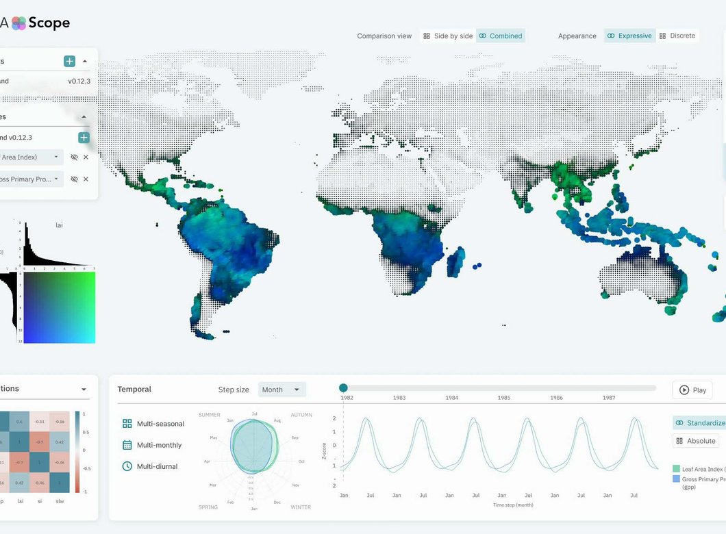 An image of the CliMAScope interface with leaf coverage (LAI) visualized in green and photosynthetic energy production (GPP) in blue. Bright teal areas indicate high leaf coverage and energy production. Data are only shown for specific regions.