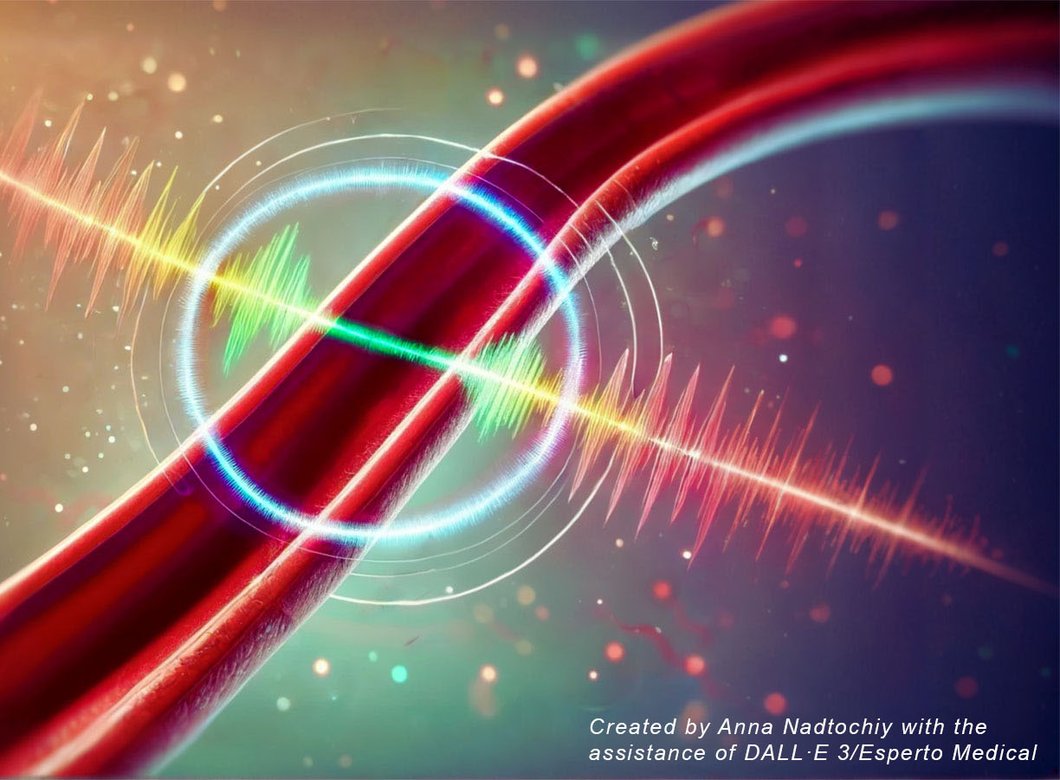 A graphic representation of the new method, called resonance sonomanometry, uses sound waves to gently stimulate resonance in an artery and then uses ultrasound imaging to measure the artery's resonance frequency, arriving at a true measurement of blood pressure.