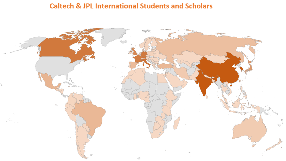 Map of Birth Country of JPL and Caltech International Students and Scholars