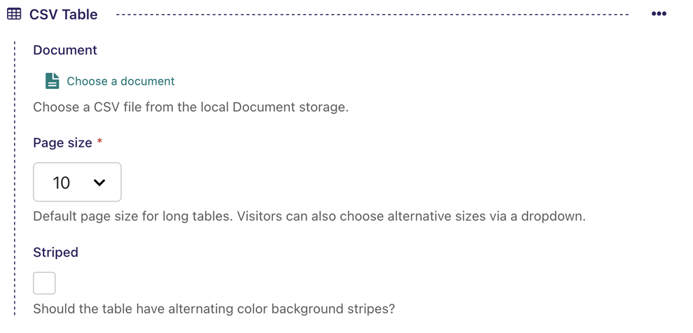 CSV Table Block form screenshot