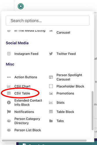 CSV Table Block - Selector screenshot